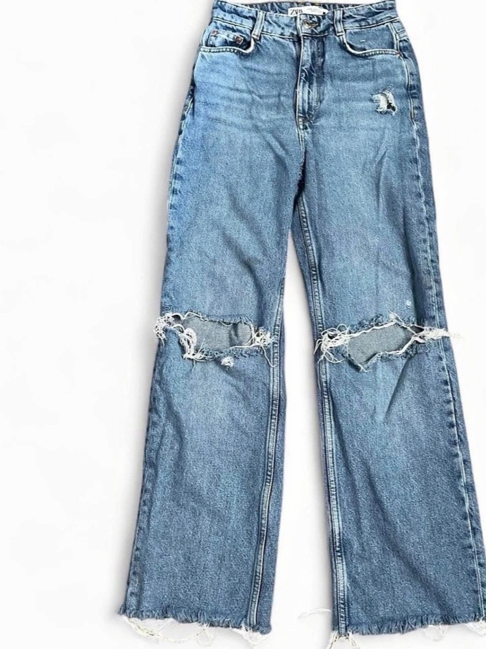 Zara TRF Low Rise Ripped Wide Leg Jeans Blue Waist 0